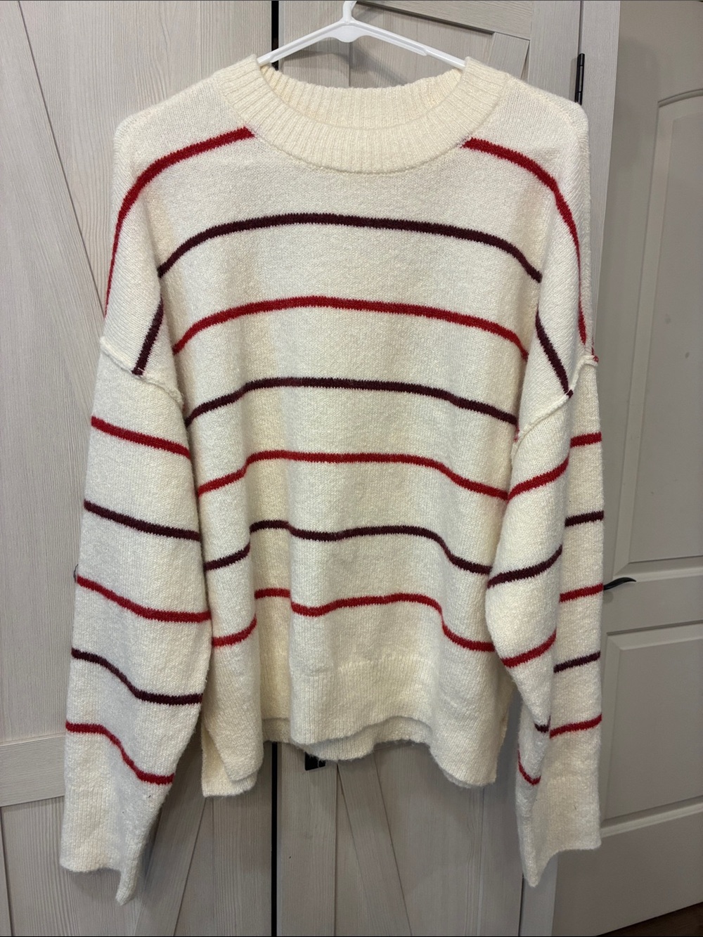 American Eagle Outfitters Cream Sweater with Red and Burgundy Stripes